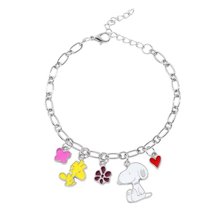 Bracelet à breloques Snoopy et Woodstock en émail coloré, avec pendentifs cœur, fleur et papillon, r