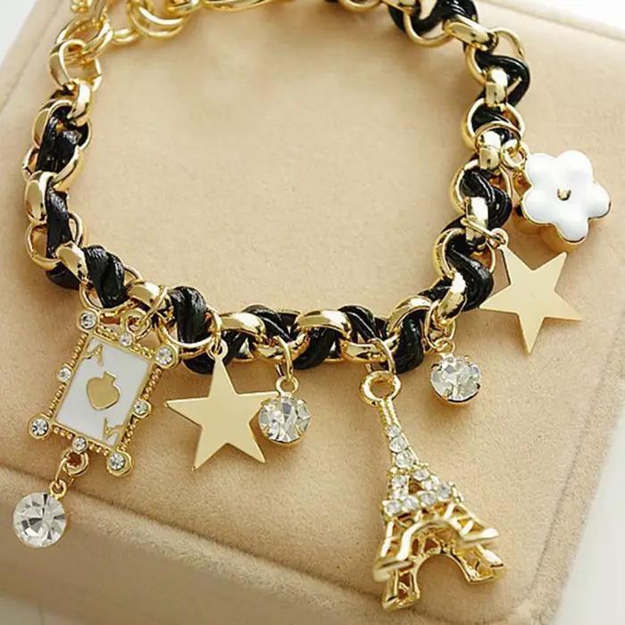 ChimWomen-Bracelet Mignon en Cuir avec Chaîne en Forme de Fleur, Étoile, Cœur, Tour Eiffel, Couronne