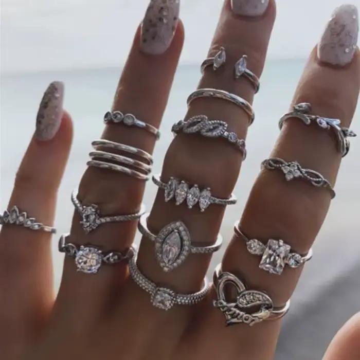 Ensemble de bagues Vintage Style bohémien pour femmes, 15 pièces, bague en métal incrusté de strass,