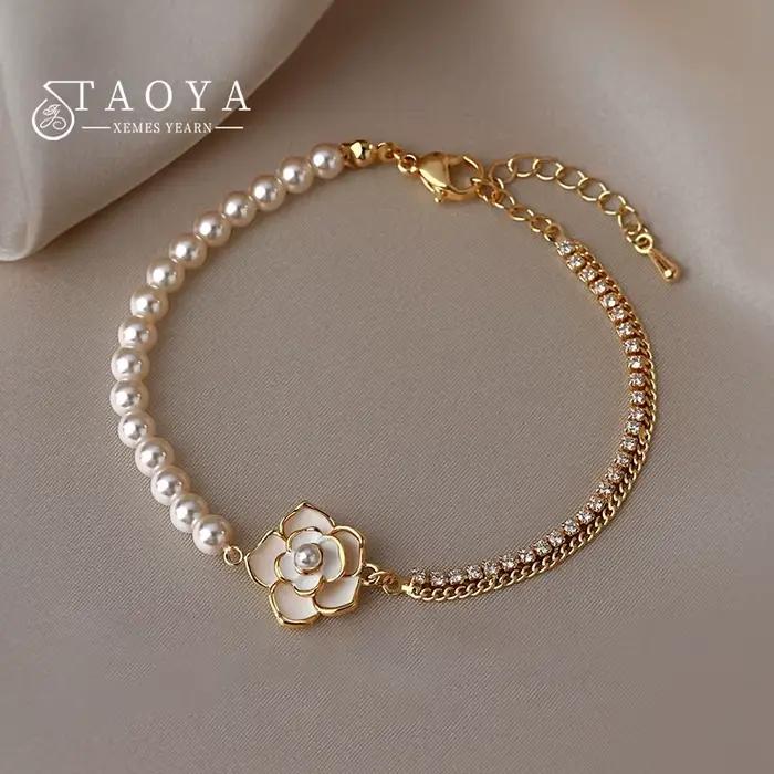 Bracelets à breloques en émail blanc, élégant français, fleur de camélia, chaîne de perles, accessoi