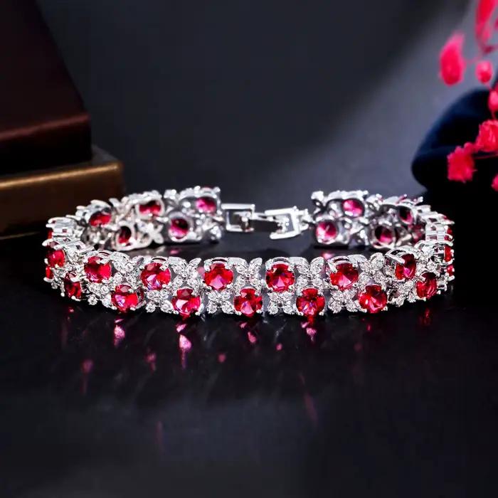 Pera élégant feuille et lien de chaîne ovale couleur argent rouge vert zircon cubique Bracelets pour