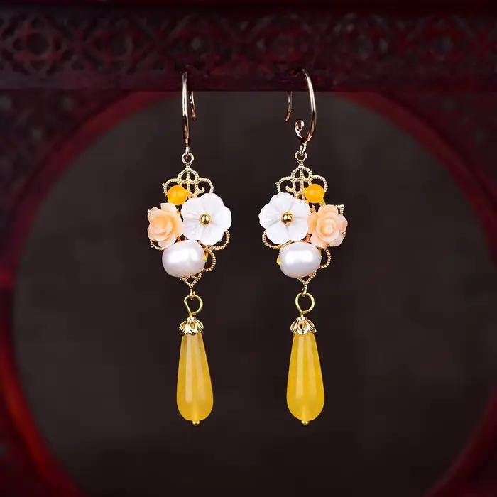 Boucles d'oreilles fleur de Jade naturel jaune, amulette Vintage, cadeaux pour femmes, bijoux réels,