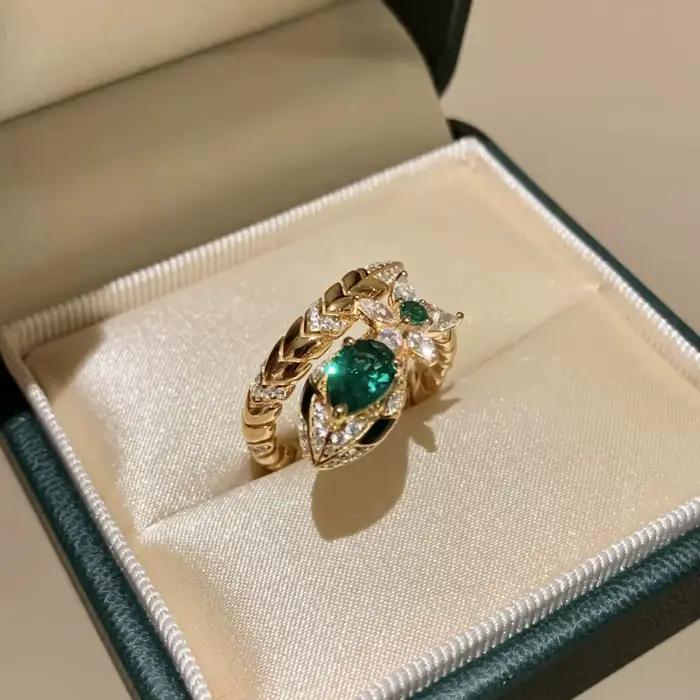 Foydjew – bijoux Vintage, Design serpent, bagues de couleur or incrustées de Zircon vert, anneau ouv