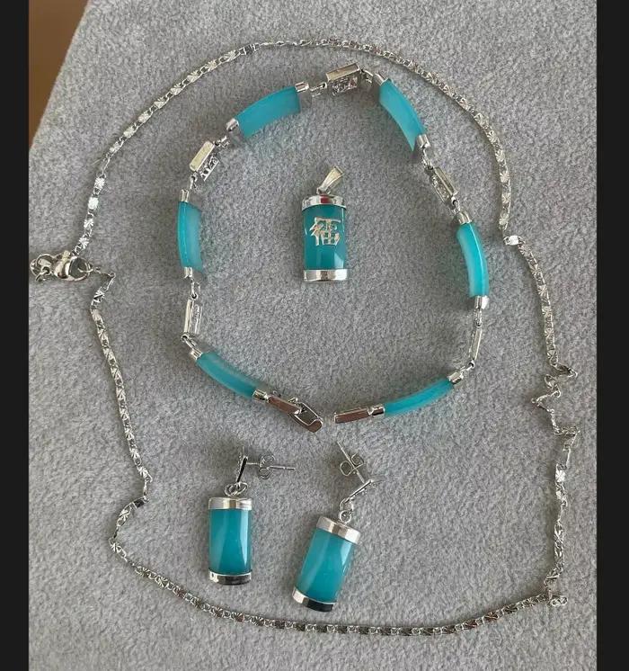 Ensemble de bijoux en jade bleu : collier, bracelet, boucles d'oreilles, montre, vente en gros, quar