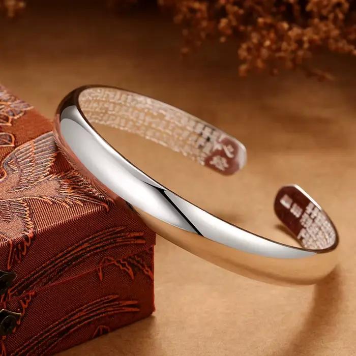 Bracelet en argent brillant motif Cœur Sutra, Bracelet ouvert en argent brillant simple et tendance,