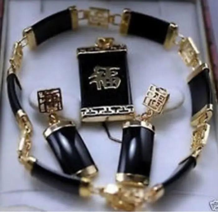 Ensembles de bracelets et boucles d'oreilles porte-bonheur en jade naturel noir, vente en gros