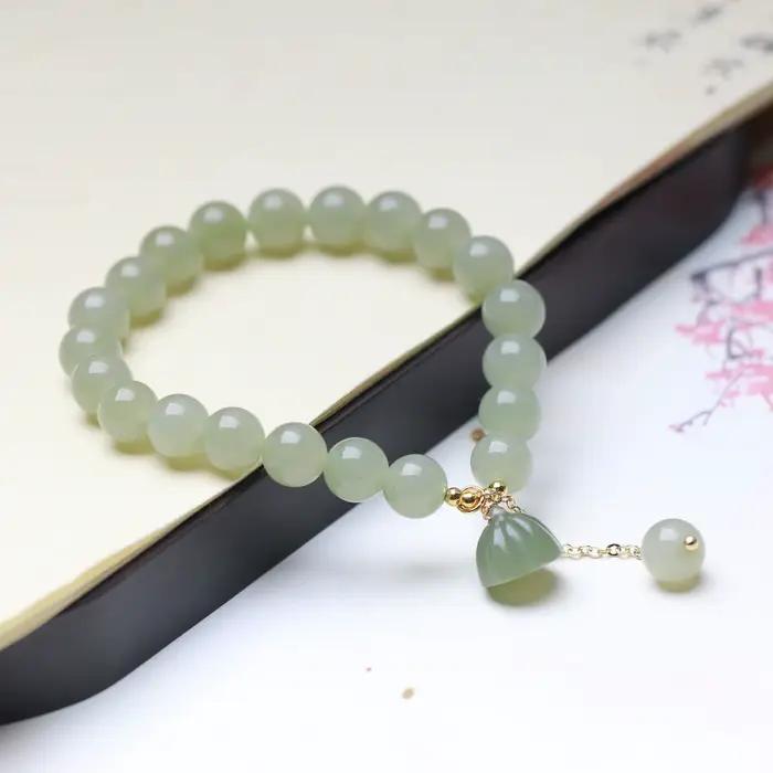 Pendentif Lotus en perles rondes pour femmes, avec breloque Simple, Bracelet en Jade Hetian, anneau 