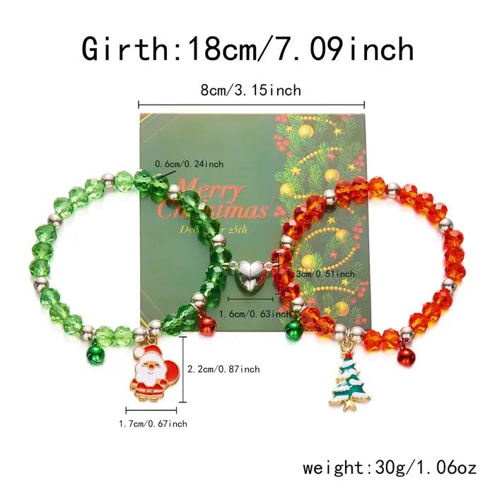 Bracelet de couple de perles de cristal de Noël pour femmes et hommes, vert, rouge, père Noël, arbre