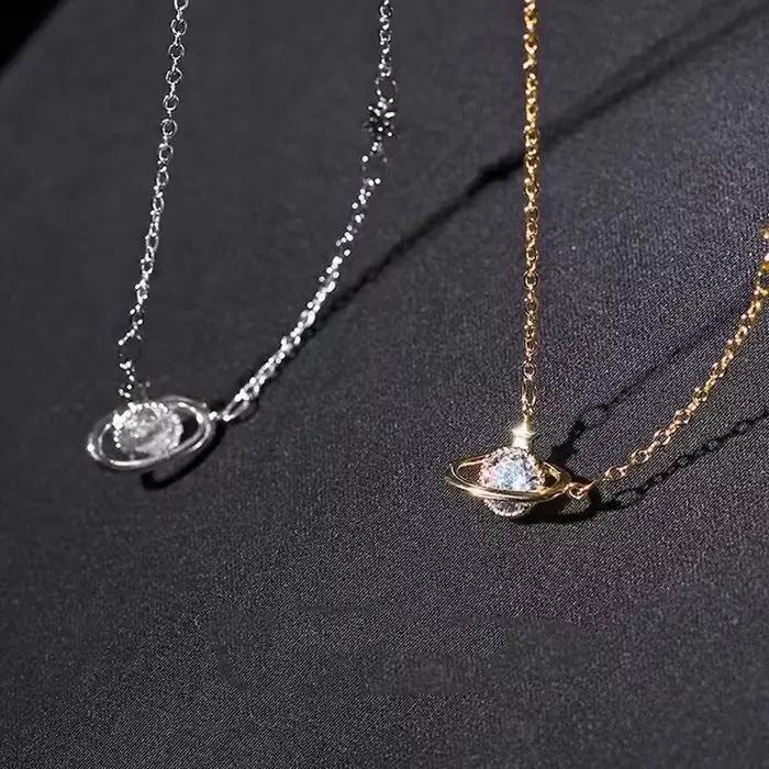 Collier Planète Plaqué Argent 925 pour Femme – Design Minimaliste de Luxe, Style Tendance, Chaîne Cl