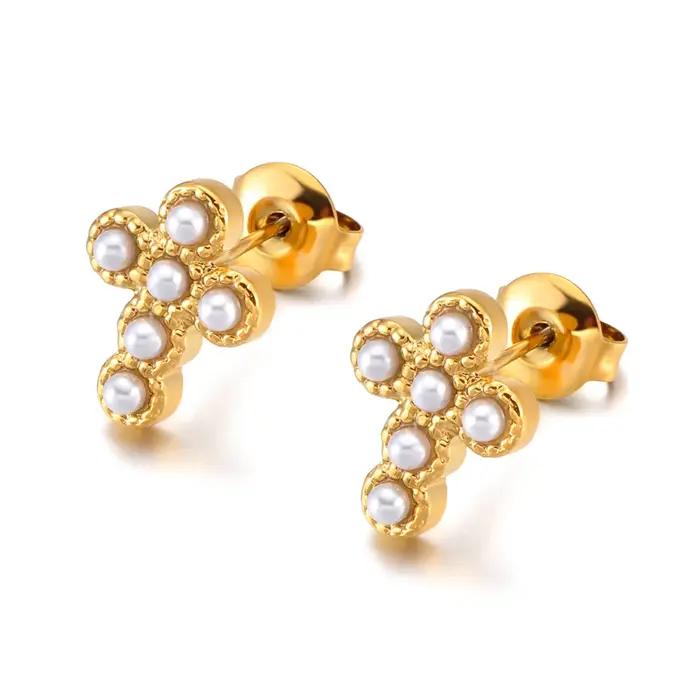 Boucles d'oreilles croix religieuse pour femmes, en acier inoxydable, perles simulées, plaqué or, bi