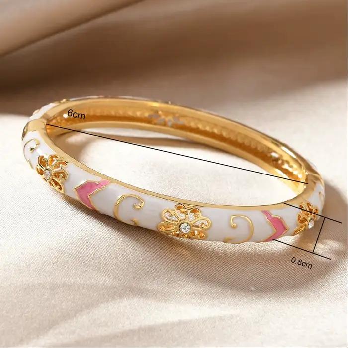 Bracelet manchette de luxe style ethnique doré avec fleurs émaillées multicolores et zircons pour fe