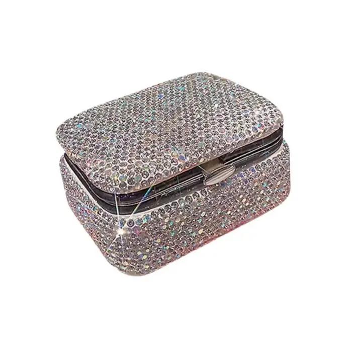 Mini boîte à bijoux scintillante avec miroir, mallette de rangement de colliers de luxe créative, bo