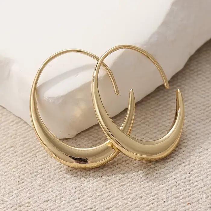 Boucles d'oreilles créoles épaisses en métal lisse plaqué or, style rétro, forme C, pour femme, bijo