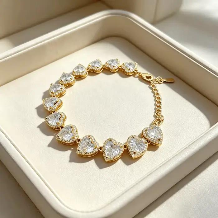 Bracelet chaîne tennis tendance en zircon cœur plaqué or, élégant, pour le quotidien et les fêtes, c