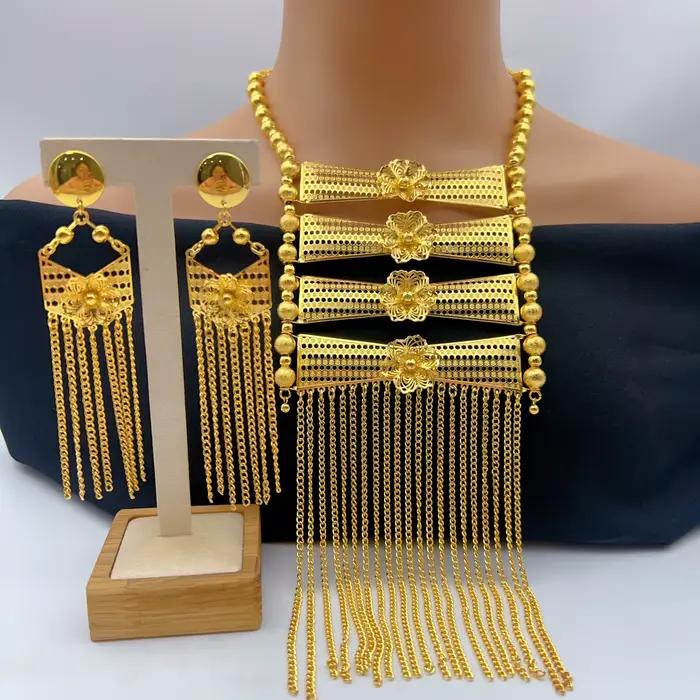 Ensemble de colliers longs et volumineux couleur or 24 carats pour femmes, bijoux de luxe indiens, p