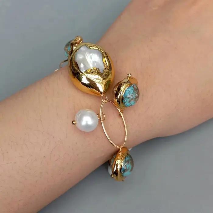 KKGEM 16mm bleu Murano verre plaqué or 22x32mm nacre coquille perle de culture Bracelet femmes bijou