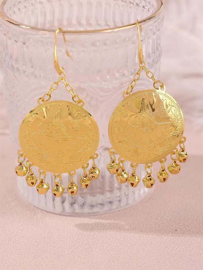 1 paire de boucles d'oreilles luxueuses pour femmes, en forme de pièce de monnaie avec motifs ottoma
