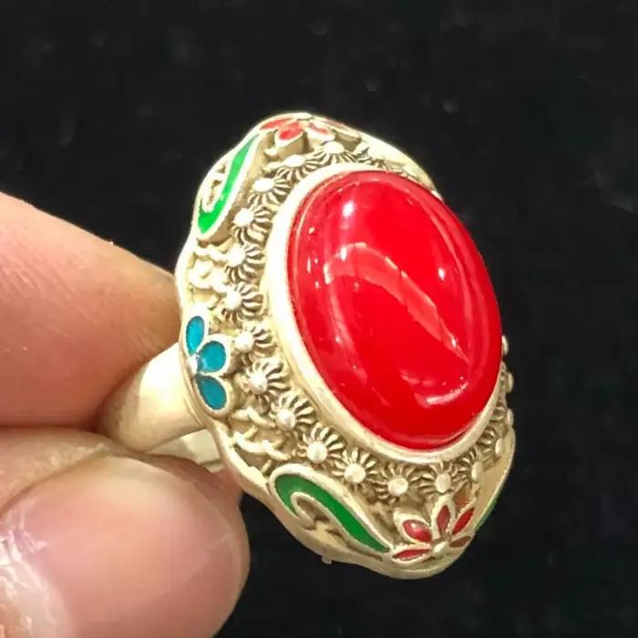Bague sculptée cloisonné style Qianlong antique, bijou vintage rétro artisanal