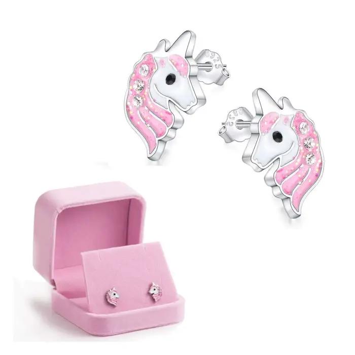 Boucles d'oreilles licorne hypoallergéniques en argent rose clair scintillant avec Zircon pour petit