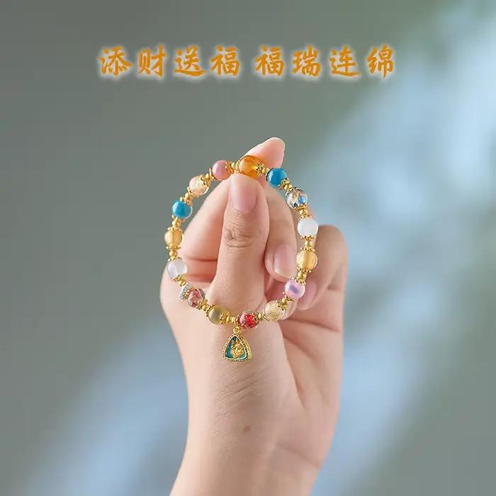 Ins Zakilam Bracelet demi-sucre coeur Agate main chaîne coloré feuille d'or verre jaune dieu de la r