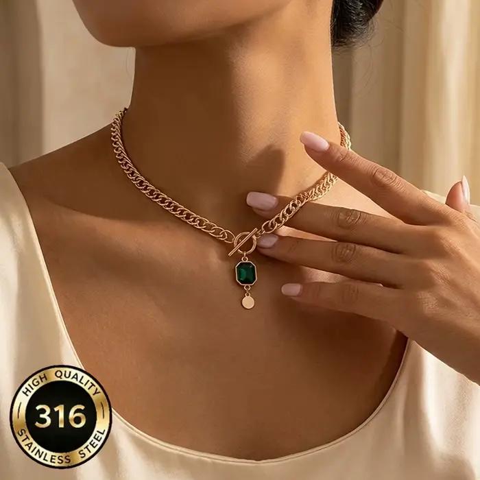 Collier hypoallergénique en acier inoxydable plaqué or 18 carats avec chaîne cubaine en zircon synth