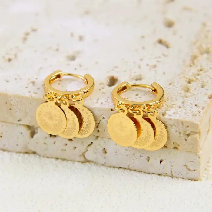 Boucles d'oreilles pendantes en pièces de monnaie arabe plaquées or 21 carats pour femmes musulmanes
