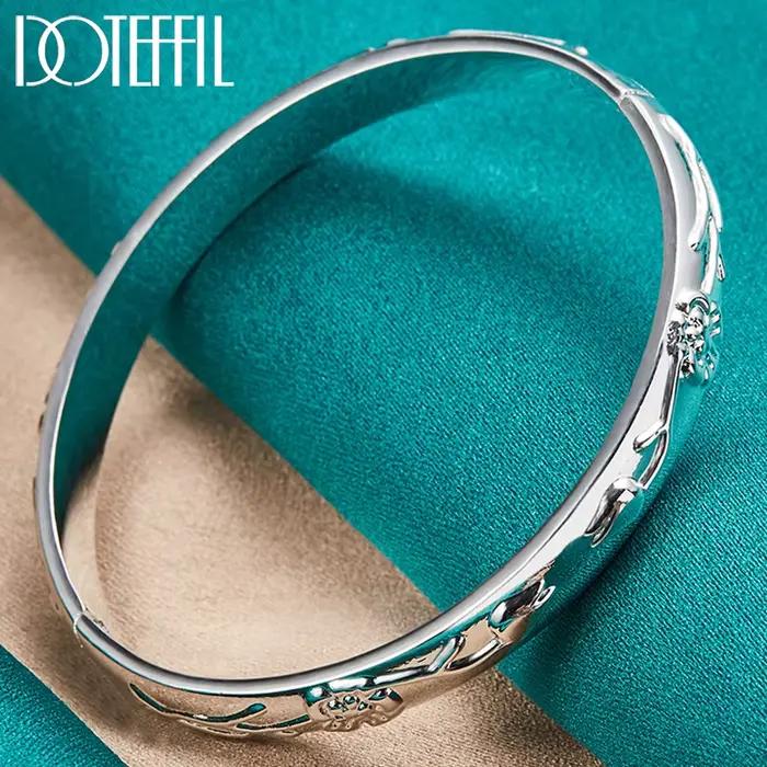 DOTEFFIL 925 en argent Sterling fleur Rose manchette Bracelet pour les femmes de mariage fiançailles