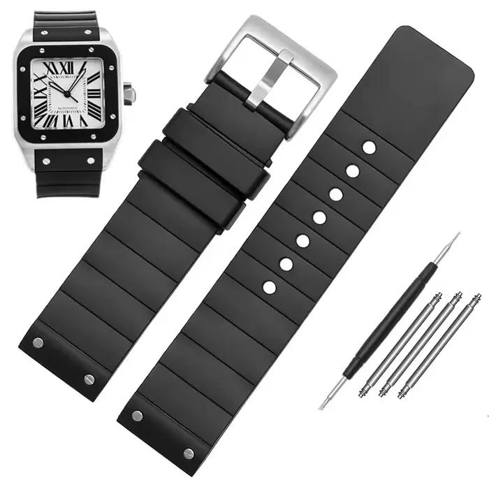 Bracelet de montre en caoutchouc noir pour hommes et femmes, accessoires en silicone, bracelet de mo