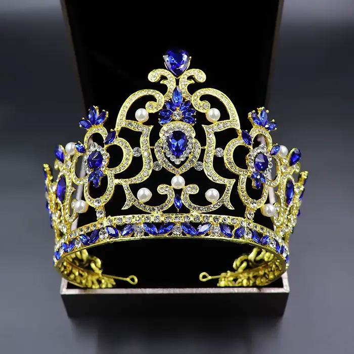 Couronne de diadème de perles de cristal baroques vintage, grand diadème, reine, roi, bijoux de tête