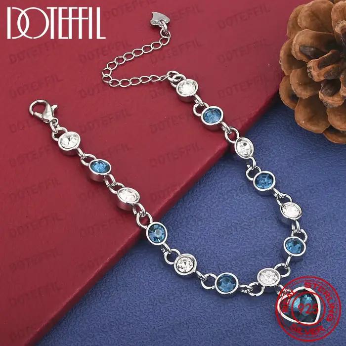 Charmant bracelet en argent sterling 925 en forme de cœur avec zircon bleu et blanc, un cadeau de ma