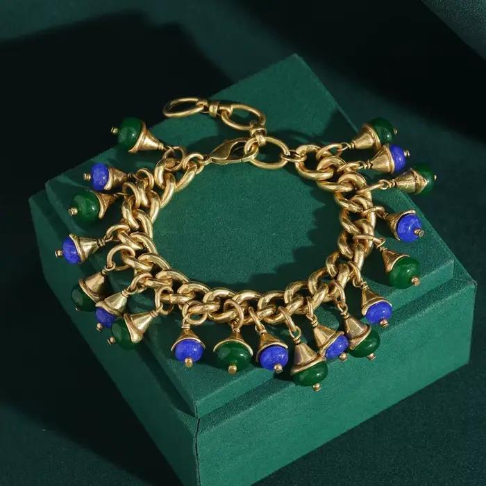 Vintage vert verre fleur goutte bracelets porte-bonheur couleur or tissage chaîne Antique bijoux fem