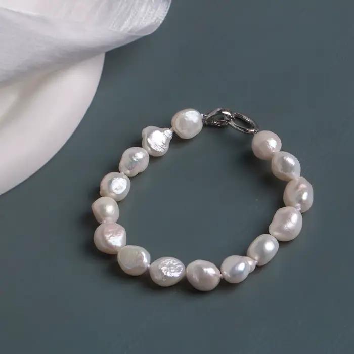 Bracelet en perles d'eau douce baroques et boutons de 9 à 13 mm pour femmes, plaqué argent, bijou un