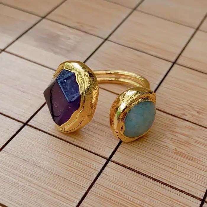 YYGEM-Bague en Pierres Précieuses Naturelles, 16x19mm, Vert, Amloggite Violet, Alanding Yst, Faite à