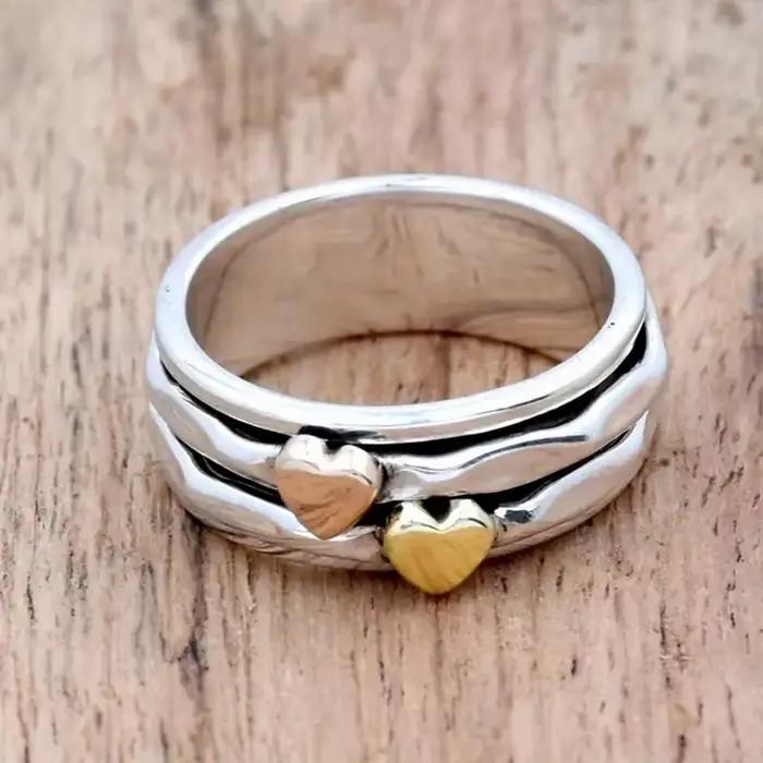Bague double cœur Huitan pour femme, couleur argent antique, style vintage, bijoux hip-hop pour tous