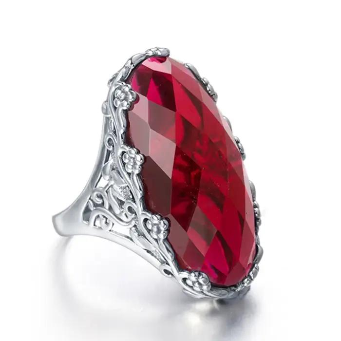 Szjinao massif 14*27mm grande pierre rubis anneaux Vintage solide en argent Sterling 925 grand créat