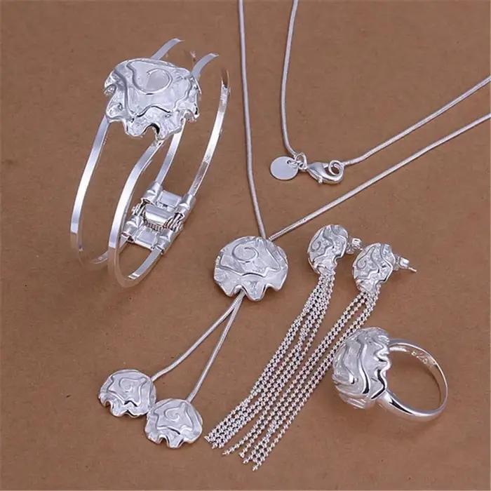 Ensemble de bijoux en argent sterling 925 pour femmes, breloque fine fleur de rose, Bracelets, bague