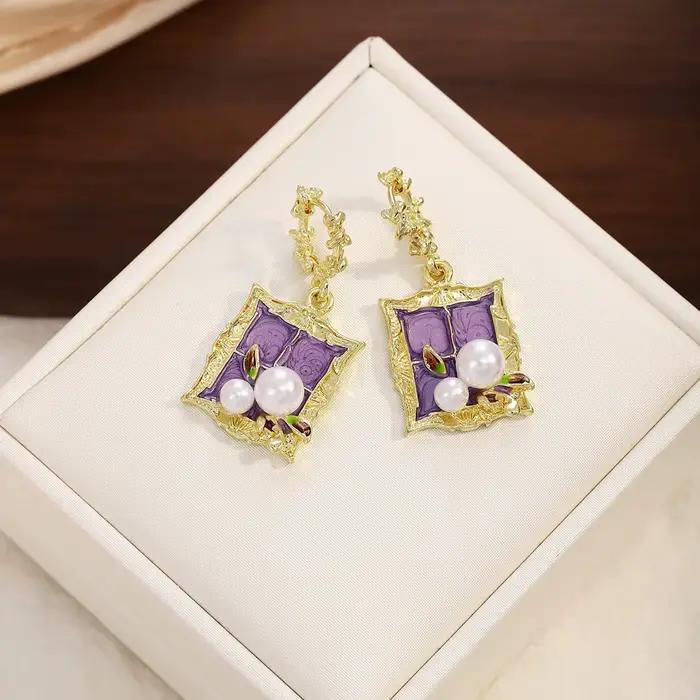 Boucles d'oreilles en perles style peinture à l'huile Jardin de Monet, violettes, pour femmes, bijou