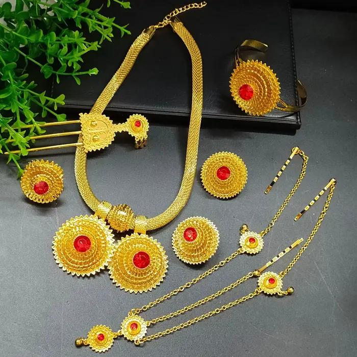 Ensemble de bijoux en or plaqué 24 carats, collier, boucles d'oreilles, bracelet, bague, bijoux en a