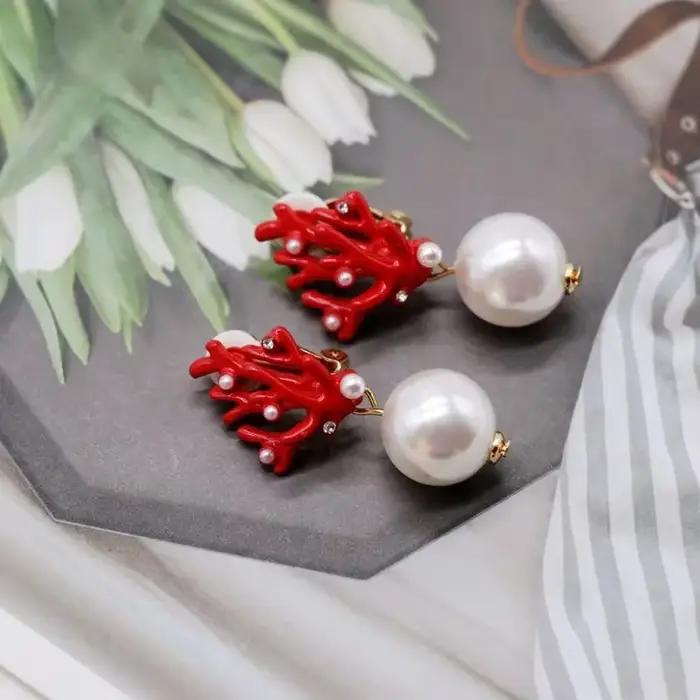 Femmes acrylique émail rouge corail résine bois perle boucles d'oreilles bijoux