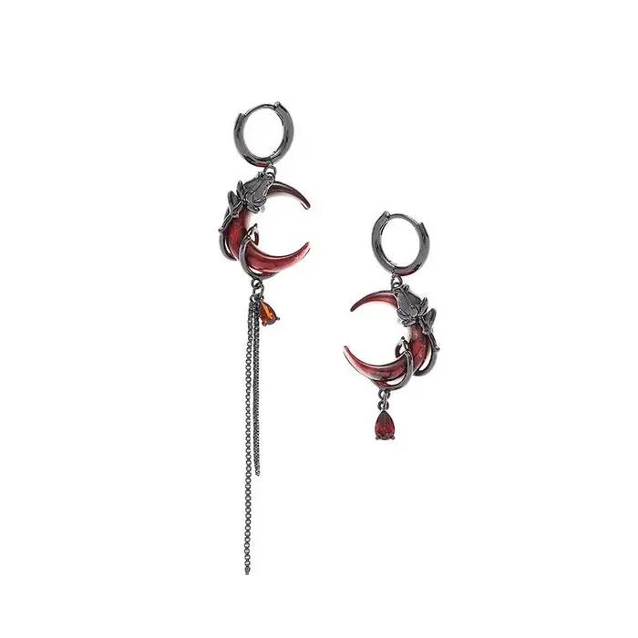 Boucles d'oreilles asymétriques Red Moon Gem, style hip-hop gothique sombre, pendentifs à pampilles,