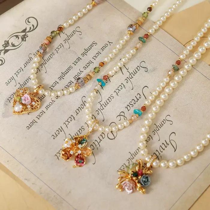 Collier de fleurs en perles rétro style Napoléon, mode féminine polyvalente, sensation haut de gamme, forme géométrique, chaîne en zircon