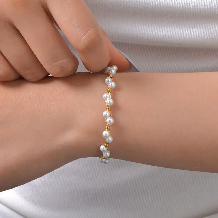 Bracelet de perles de luxe léger pour femmes, Bracelets de chaîne en acier inoxydable plaqué or 18 carats, bijoux quotidiens, cadeaux exquis