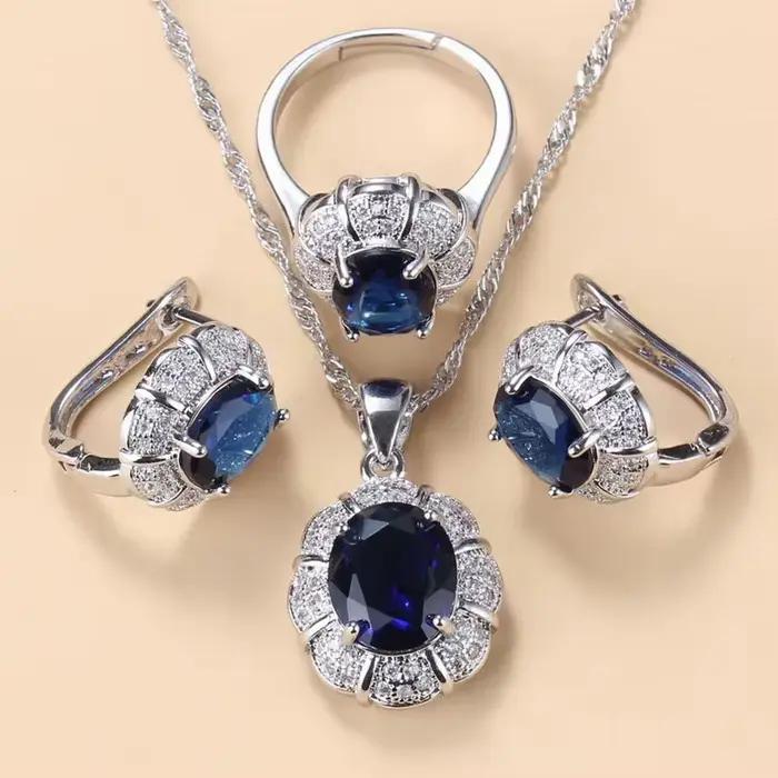 Nouvel ensemble de bijoux 3 pièces en zircon cubique bleu 2026 pour femme, collier, boucles d'oreilles et bague en argent 925, cadeau idéal pour mariage et fête nuptiale