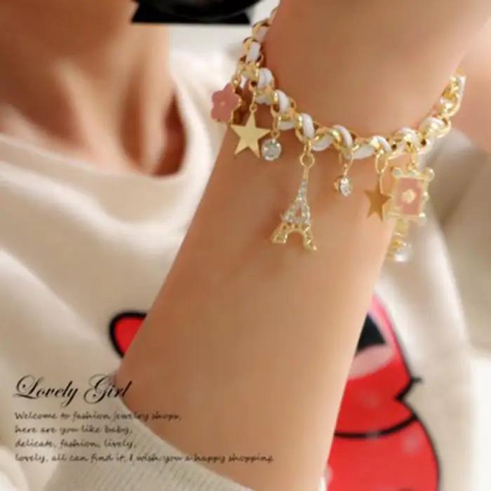 ChimWomen-Bracelet Mignon en Cuir avec Chaîne en Forme de Fleur, Étoile, Cœur, Tour Eiffel, Couronne, Poker, Corde, Bijoux, Cadeau