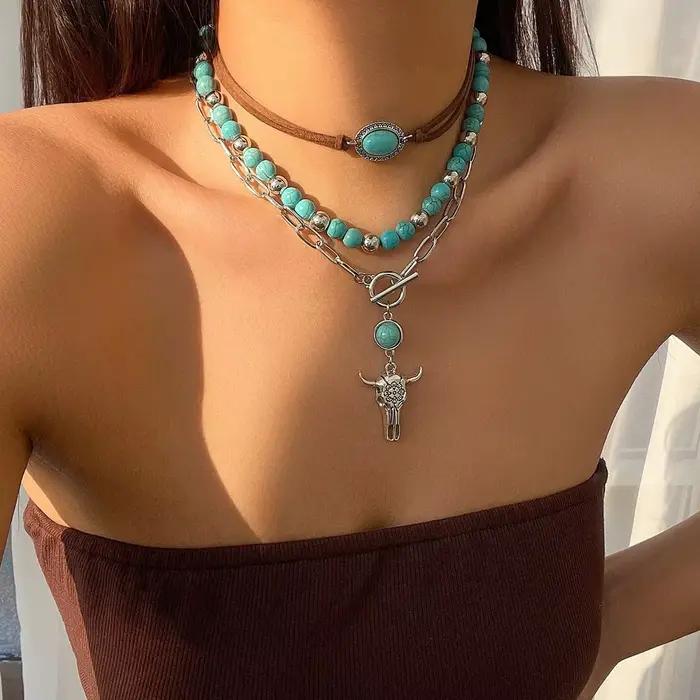 Colliers occidentaux superposés pour femmes, Vintage, Turquoise, perles, tête de bœuf, bijoux occidentaux, Concert de campagne, robes de Cowgirl, accessoires