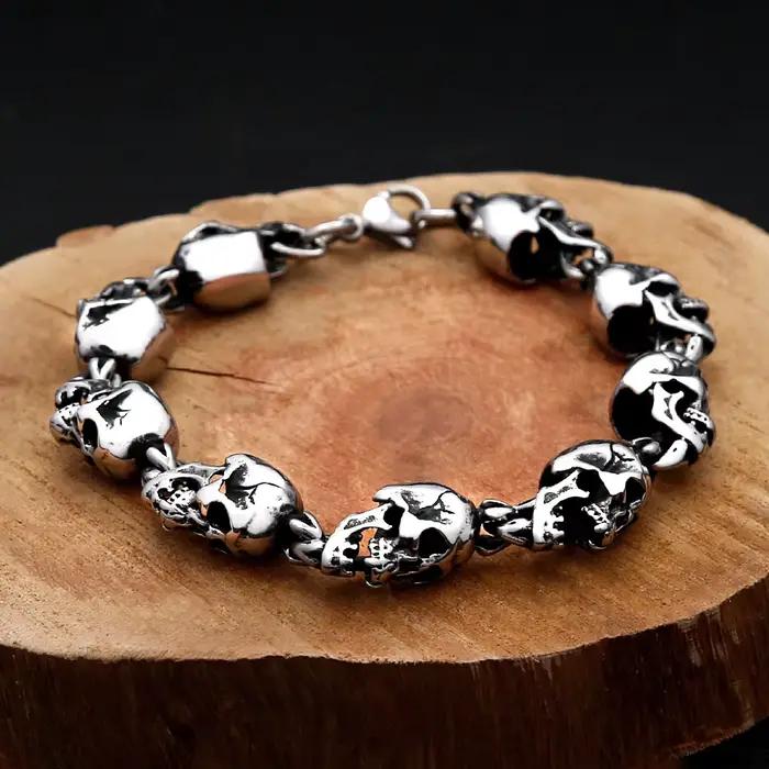 Bracelet gothique Hip Hop en acier inoxydable 316L, Rock Punk, crâne complet, pour hommes et femmes, bijoux d'équitation en moto, cadeau
