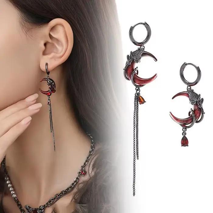 Boucles d'oreilles asymétriques Red Moon Gem, style hip-hop gothique sombre, pendentifs à pampilles, chaîne, boucles d'oreilles pendantes, accessoire de bijouterie