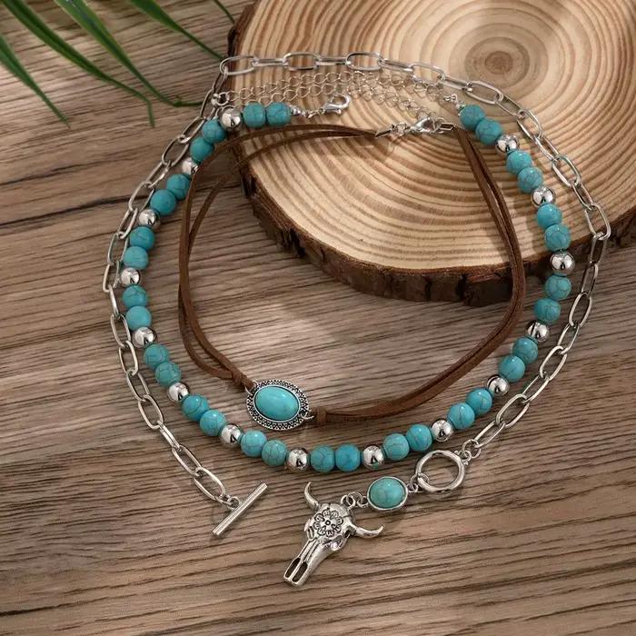 Colliers occidentaux superposés pour femmes, Vintage, Turquoise, perles, tête de bœuf, bijoux occidentaux, Concert de campagne, robes de Cowgirl, accessoires