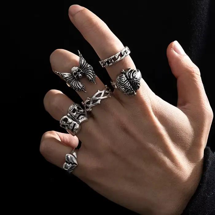 6 pièces Punk Poker Joker couleur argent anneaux pour hommes Goth squelette billard ensemble Couple Emo mode bijoux Anillos Hombre