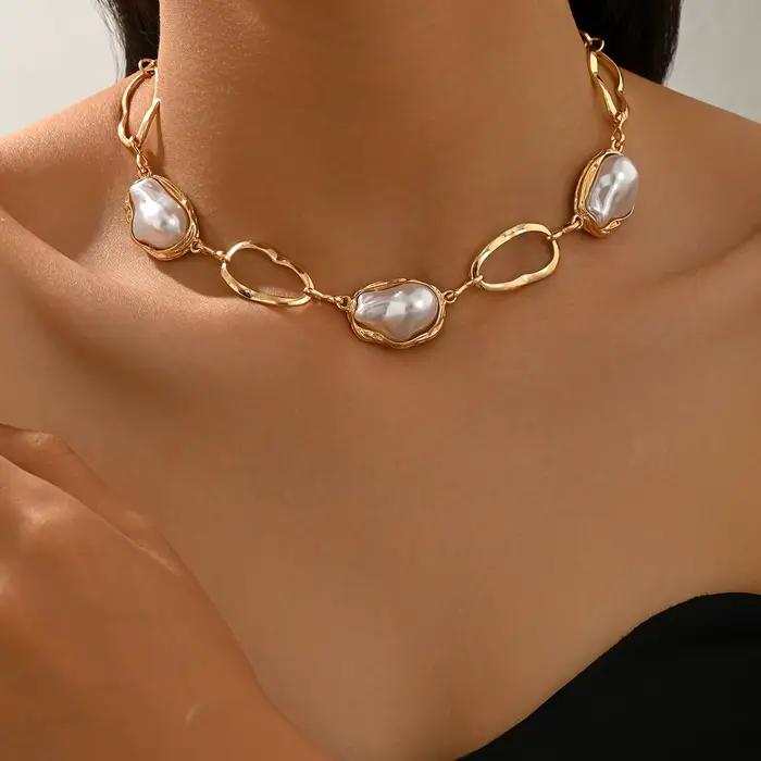 Collier ras du cou baroque en fausses perles, style vintage, longue chaîne en Y, irrégulier, ajustable, bijou fantaisie pour femme